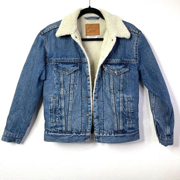Levi’s Sherpa Denim Jacket Women’s XS Boho Coastal Cowgirl Western Trucker Jean - Picture 12 of 12